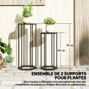 Lot de 2 supports pour plantes, tabouret à fleurs hexagonal, porte-plante haut en métal, support pot de fleur intérieur et extérieur, pour jardin, balcon, maison, noir