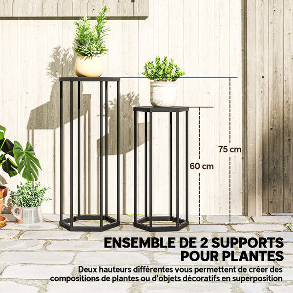 Lot de 2 supports pour plantes, tabouret à fleurs hexagonal, porte-plante haut en métal, support pot de fleur intérieur et extérieur, pour jardin, balcon, maison, noir