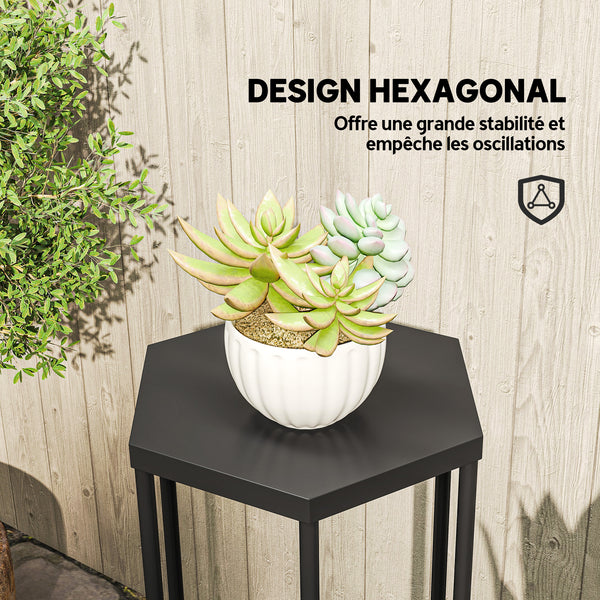 Lot de 2 supports pour plantes, tabouret à fleurs hexagonal, porte-plante haut en métal, support pot de fleur intérieur et extérieur, pour jardin, balcon, maison, noir