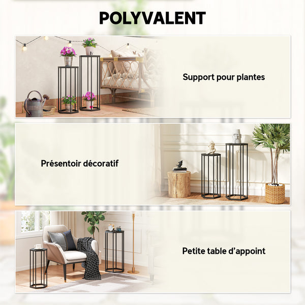 Lot de 2 supports pour plantes, tabouret à fleurs hexagonal, porte-plante haut en métal, support pot de fleur intérieur et extérieur, pour jardin, balcon, maison, noir