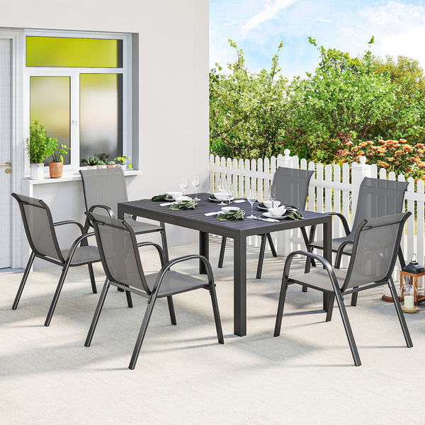 Salon de jardin extérieur 7 pièces, table de jardin extérieure avec 6 chaises empilables, plateau à lattes 150 cm, structure en acier anti-rouille, mobilier de jardin, terrasse, Gris Clair