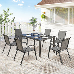 Salon de jardin extérieur 7 pièces, table de jardin extérieure avec 6 chaises empilables, plateau à lattes 150 cm, structure en acier anti-rouille, mobilier de jardin, terrasse, Gris Clair