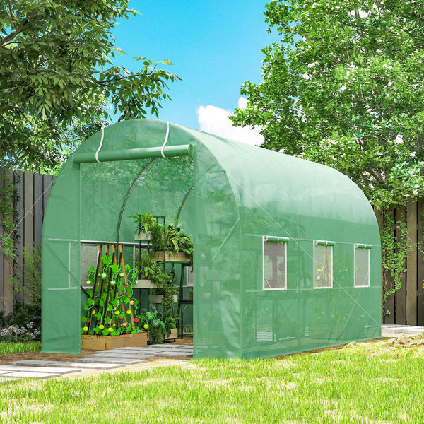 Serre de Jardin Tunnel Surface Sol 7m² 3,5L x 2l x 2H m châssis Tubulaire renforcé Porte zippée 6 fenêtres enroulables Vert