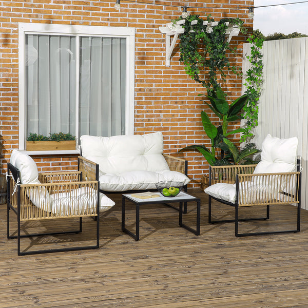 Salon de jardin extérieur 4 pièces mobilier de jardin canapé 2 places 2 fauteuils et 1 table basse plateau verre trempé 3 coussins acier et résine tressée - crème