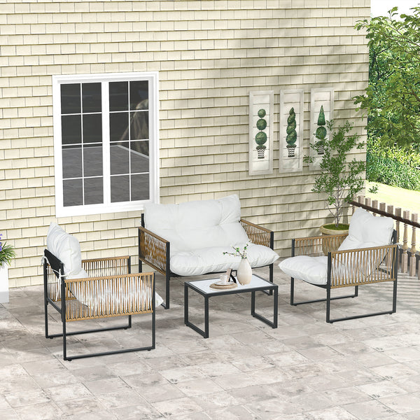 Salon de jardin extérieur 4 pièces mobilier de jardin canapé 2 places 2 fauteuils et 1 table basse plateau verre trempé 3 coussins acier et résine tressée - crème