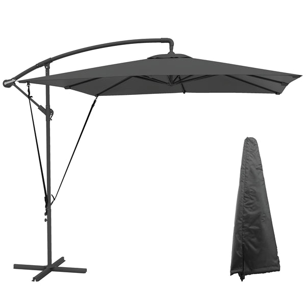 Parasol déporté 2,5 x 2,5 m, parasol de jardin extérieur, Toile ajustable, 8 baleines, base en croix et manivelle, Housse de Protection, gris foncé