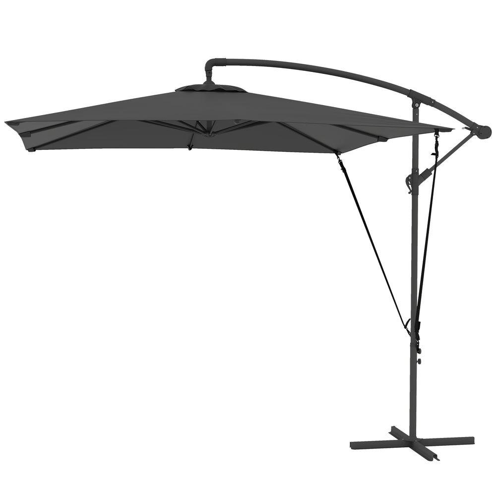 Parasol déporté 2,5 x 2,5 m, parasol de jardin extérieur, Toile ajustable, 8 baleines, base en croix et manivelle, Housse de Protection, gris foncé