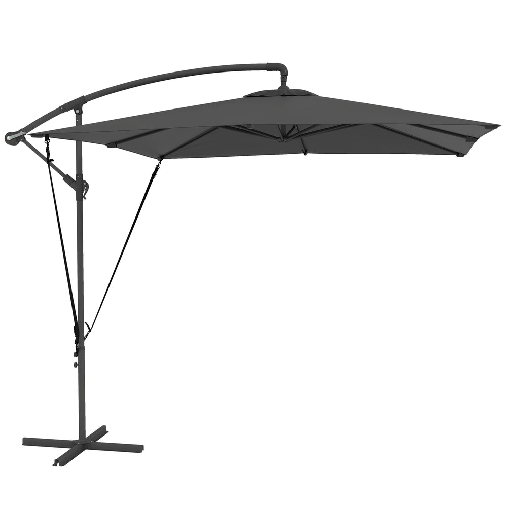 Parasol déporté 2,5 x 2,5 m, parasol de jardin extérieur, Toile ajustable, 8 baleines, base en croix et manivelle, Housse de Protection, gris foncé