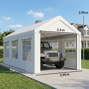 Abri de Voiture 3x6m Protection UV30+ Garage Mobile avec Hauteur Réglable - Tente de Garage avec 6 Fenêtres et Moustiquaire - Carport en Acier Galvanisé Ø37mm Robuste, Blanc