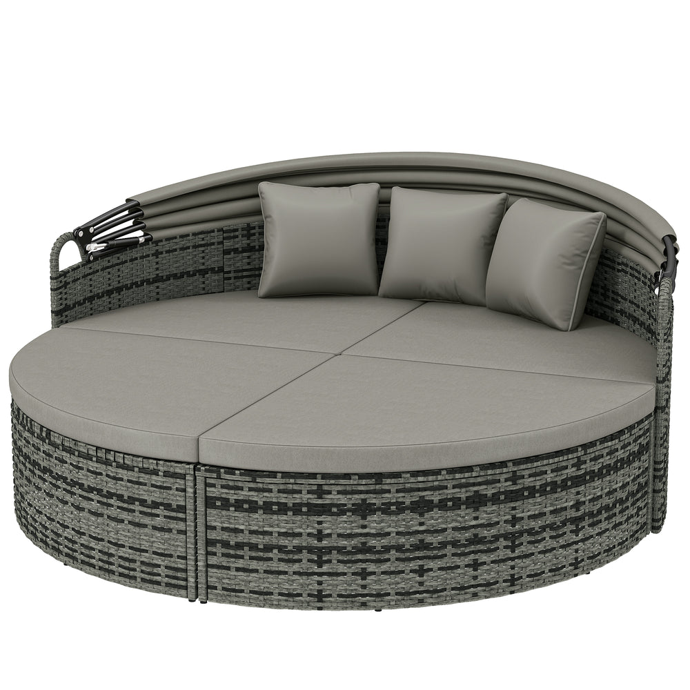 Bain de soleil rond, lit de jardin extérieur modulable 3 PSC en résine tressée avec auvent rétractable, coussins et oreillers, chaise longue relax pour piscine, terrasse, véranda, gris clair