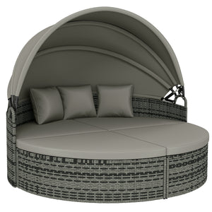 Bain de soleil rond, lit de jardin extérieur modulable 3 PSC en résine tressée avec auvent rétractable, coussins et oreillers, chaise longue relax pour piscine, terrasse, véranda, gris clair