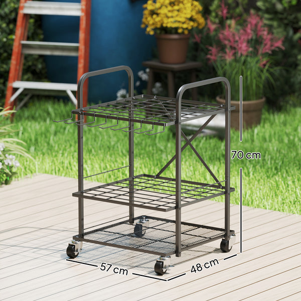 Organisateur d'outils de jardin avec 9 crochets, support à outils de jardin 40 compartiments, porte-outils de garage en métal sur roulettes pour sécateurs, pelles, râteaux, noir