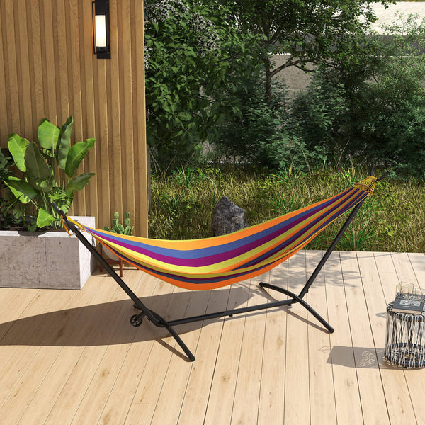 Support Pied de hamac Structure Robuste métal époxy Hauteur réglable 6 Niveaux Noir dim. 290L x 120l x 115H cm