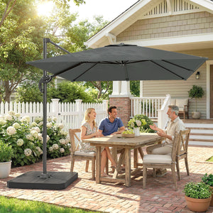 Parasol déporté carré 2,4x2,4m avec pied et dalles lestage - parasol de jardin extérieur, mât aluminium et rotatif 360° par pédale - UV50+ et inclinaison 5 positions pour terrasse, gris