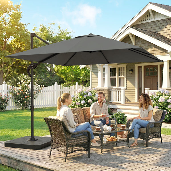 Parasol déporté carré 2,4x2,4m avec pied et dalles lestage - parasol de jardin extérieur, mât aluminium et rotatif 360° par pédale - UV50+ et inclinaison 5 positions pour terrasse, gris
