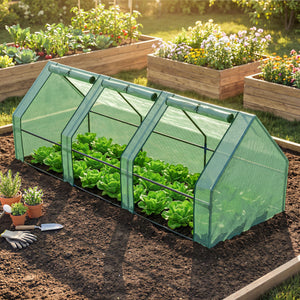 Mini Serre de Jardin mini serre tunnel 270L x 90l x 90H cm cm toit pointu Acier PE Haute densité 140 g/m² Anti-UV 3 fenêtres avec Zip enroulables Vert