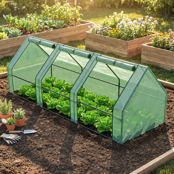 Mini Serre de Jardin mini serre tunnel 270L x 90l x 90H cm cm toit pointu Acier PE Haute densité 140 g/m² Anti-UV 3 fenêtres avec Zip enroulables Vert