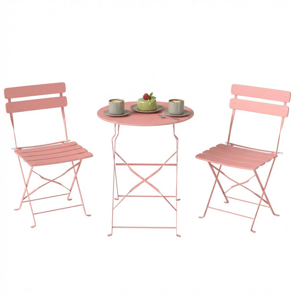 Ensemble Bistrot de Jardin 3 Pièces san Montage - Table et 2 Chaises Pliantes à Lattes en Métal avec Double Protection Antirouille - Mobilier de Balcon et Terrasse Chic, Rose