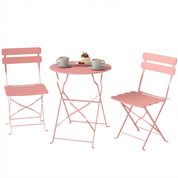 Ensemble Bistrot de Jardin 3 Pièces san Montage - Table et 2 Chaises Pliantes à Lattes en Métal avec Double Protection Antirouille - Mobilier de Balcon et Terrasse Chic, Rose