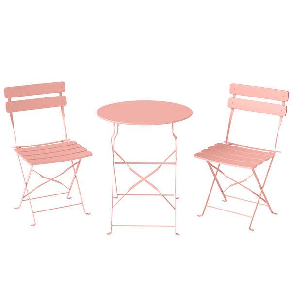 Ensemble Bistrot de Jardin 3 Pièces san Montage - Table et 2 Chaises Pliantes à Lattes en Métal avec Double Protection Antirouille - Mobilier de Balcon et Terrasse Chic, Rose