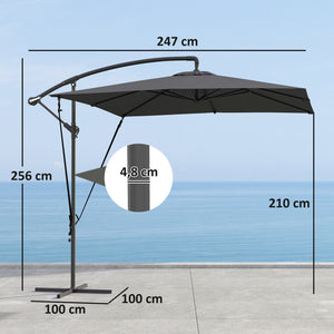 Parasol déporté 2,5 x 2,5 m, parasol de jardin extérieur, Toile ajustable, 8 baleines, base en croix et manivelle, Housse de Protection, gris foncé