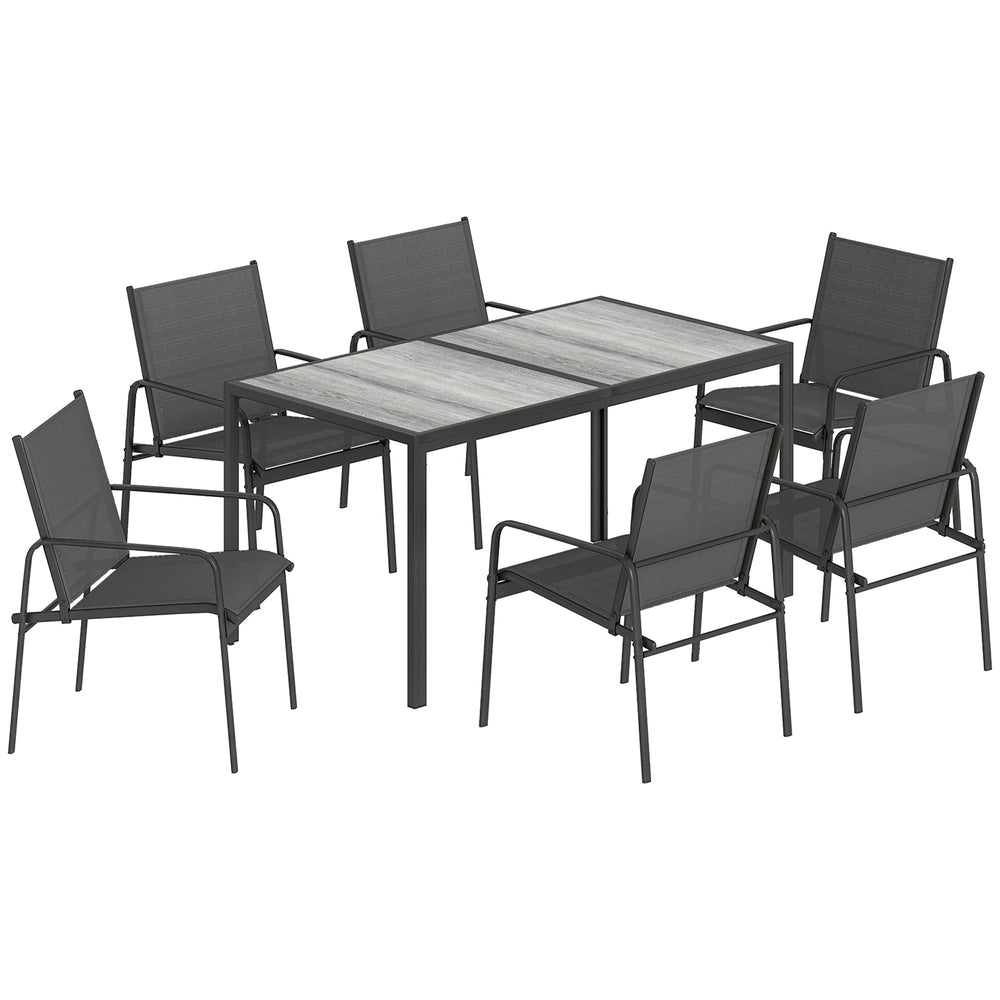 Ensemble de Salle à Manger Extérieur 7 Pièces pour 6 Personnes, Table de Patio Effet Bois et Chaises avec Assise en Maille Respirante, Mobilier de Jardin avec Cadre en Acier Galvanisé, Noir