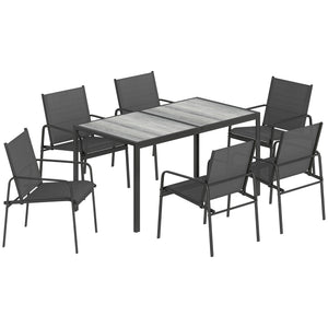 Ensemble de Salle à Manger Extérieur 7 Pièces pour 6 Personnes, Table de Patio Effet Bois et Chaises avec Assise en Maille Respirante, Mobilier de Jardin avec Cadre en Acier Galvanisé, Noir