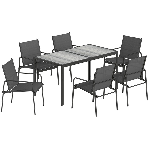 Ensemble de Salle à Manger Extérieur 7 Pièces pour 6 Personnes, Table de Patio Effet Bois et Chaises avec Assise en Maille Respirante, Mobilier de Jardin avec Cadre en Acier Galvanisé, Noir