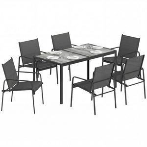 Ensemble de Salle à Manger Extérieur 7 Pièces pour 6 Personnes, Table de Patio Effet Bois et Chaises avec Assise en Maille Respirante, Mobilier de Jardin avec Cadre en Acier Galvanisé, Noir