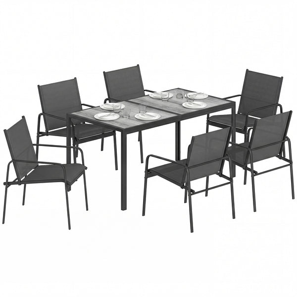 Ensemble de Salle à Manger Extérieur 7 Pièces pour 6 Personnes, Table de Patio Effet Bois et Chaises avec Assise en Maille Respirante, Mobilier de Jardin avec Cadre en Acier Galvanisé, Noir