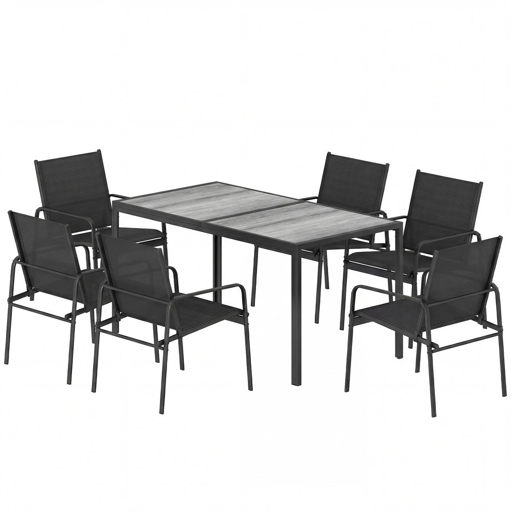 Ensemble de Salle à Manger Extérieur 7 Pièces pour 6 Personnes, Table de Patio Effet Bois et Chaises avec Assise en Maille Respirante, Mobilier de Jardin avec Cadre en Acier Galvanisé, Noir