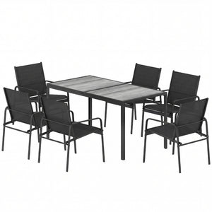 Ensemble de Salle à Manger Extérieur 7 Pièces pour 6 Personnes, Table de Patio Effet Bois et Chaises avec Assise en Maille Respirante, Mobilier de Jardin avec Cadre en Acier Galvanisé, Noir