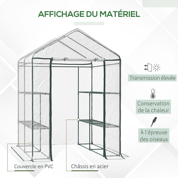 Serre de jardin avec étagères 3 niveaux, serre de balcon, châssis en acier, porte zippée enroulable, pour légumes plantes fleurs, intérieur et extérieur, 143x143x195cm, transparent