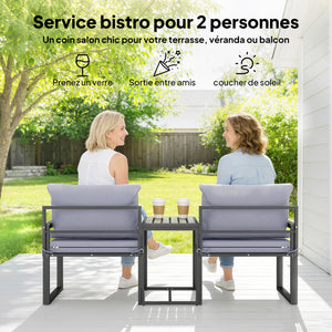 Salon de jardin 3 pièces - ensemble de jardin avec coussins 14cm et accoudoirs en composite bois-plastique : mobilier de balcon avec 2 fauteuils et table d'appoint, assise en textilène, gris