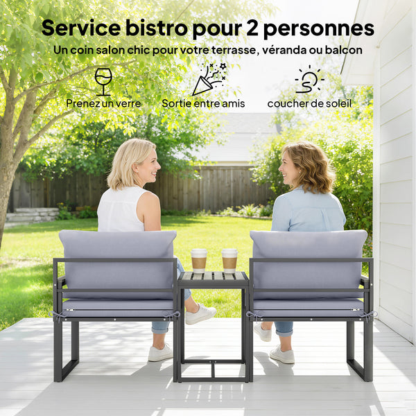 Salon de jardin 3 pièces - ensemble de jardin avec coussins 14cm et accoudoirs en composite bois-plastique : mobilier de balcon avec 2 fauteuils et table d'appoint, assise en textilène, gris