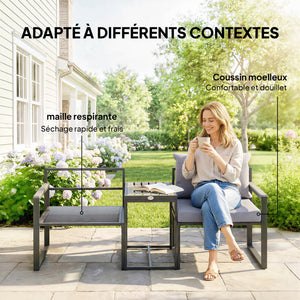 Salon de jardin 3 pièces - ensemble de jardin avec coussins 14cm et accoudoirs en composite bois-plastique : mobilier de balcon avec 2 fauteuils et table d'appoint, assise en textilène, gris