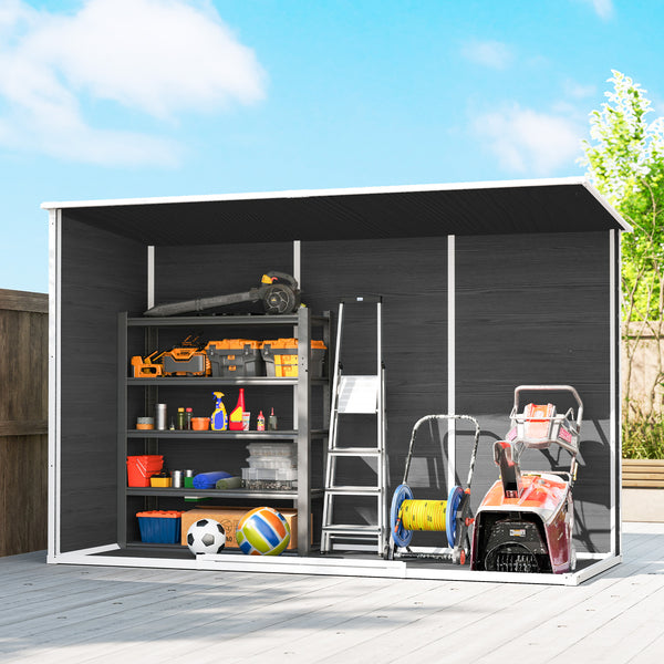 Abri de jardin en plastique  10 x 4 pieds, avec plancher, grandes fenêtres, portes verrouillables et aérations, pour outils, vélos, générateur, effet bois gris