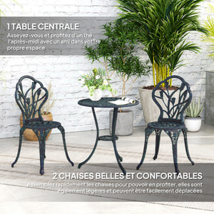 Ensemble Salon de Jardin 2 Places 2 chaises + Table Ronde Fonte d'aluminium Imitation Fer forgé Vert