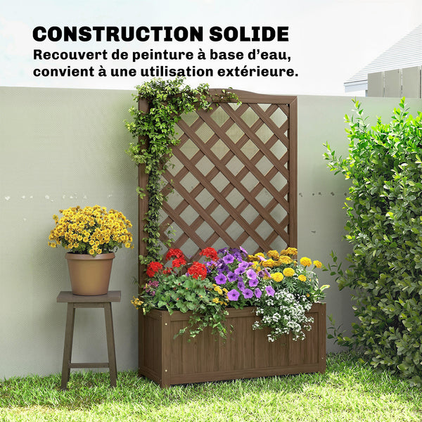 Jardinière avec treillis, bac à fleurs, lit surélevé, pour plantes grimpantes, légumes, fleurs, en bois massif, intérieur et extérieur, cour, jardin, balcon, 70 x 28 x 117 cm, café foncé
