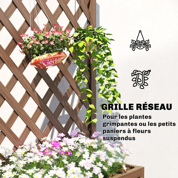 Jardinière avec treillis, bac à fleurs, lit surélevé, pour plantes grimpantes, légumes, fleurs, en bois massif, intérieur et extérieur, cour, jardin, balcon, 70 x 28 x 117 cm, café foncé