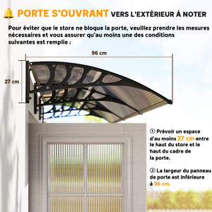 Auvent de porte d'entrée, toit marquise de porte exterieur en polycarbonate et profil aluminium résistante toit abri protection contre la pluie et UV pour terrasse, balcon, 303x96cm, marron
