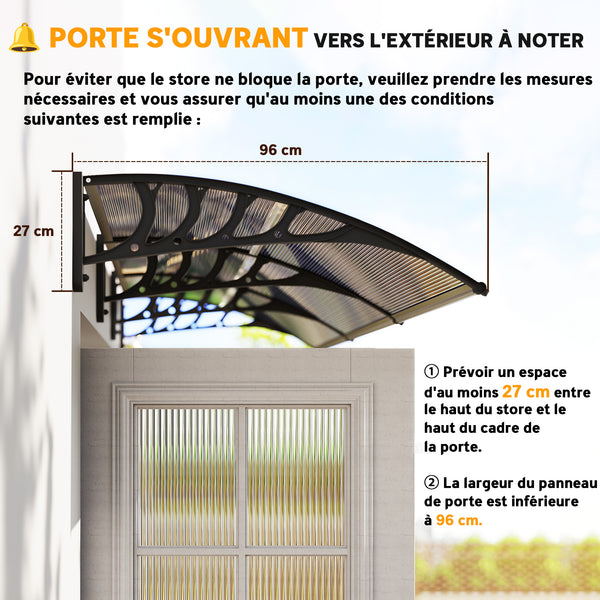 Auvent de porte d'entrée, toit marquise de porte exterieur en polycarbonate et profil aluminium résistante toit abri protection contre la pluie et UV pour terrasse, balcon, 303x96cm, marron