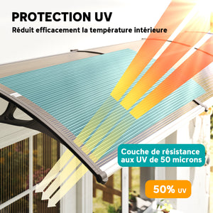 Auvent de porte d'entrée, toit marquise de porte exterieur en polycarbonate et profil aluminium résistante toit abri protection contre la pluie et UV pour terrasse, balcon, 303x96cm, marron