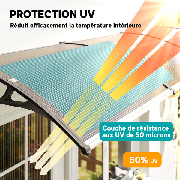Auvent de porte d'entrée, toit marquise de porte exterieur en polycarbonate et profil aluminium résistante toit abri protection contre la pluie et UV pour terrasse, balcon, 303x96cm, marron
