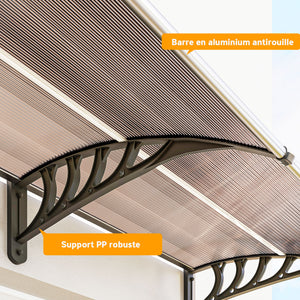 Auvent de porte d'entrée, toit marquise de porte exterieur en polycarbonate et profil aluminium résistante toit abri protection contre la pluie et UV pour terrasse, balcon, 303x96cm, marron