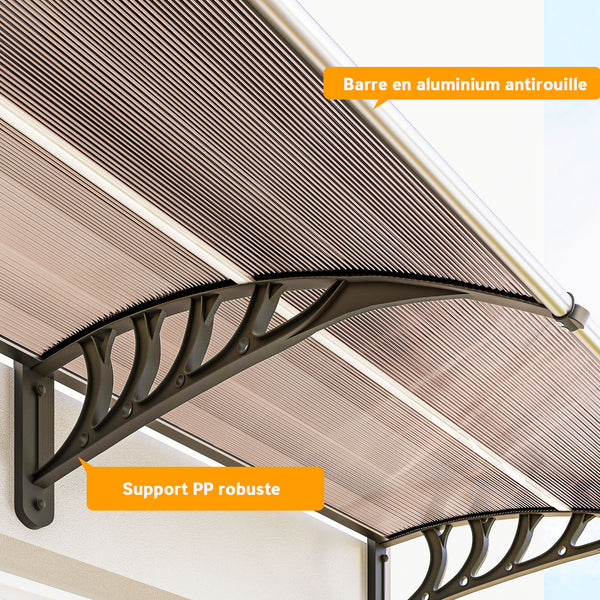 Auvent de porte d'entrée, toit marquise de porte exterieur en polycarbonate et profil aluminium résistante toit abri protection contre la pluie et UV pour terrasse, balcon, 303x96cm, marron