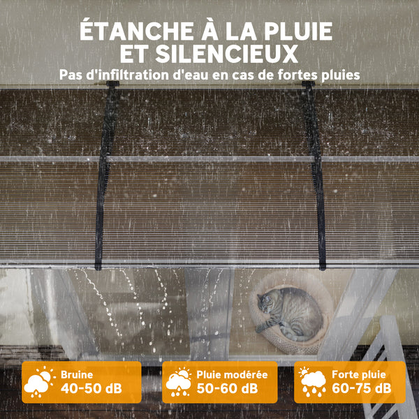 Auvent de porte d'entrée, toit marquise de porte exterieur en polycarbonate et profil aluminium résistante toit abri protection contre la pluie et UV pour terrasse, balcon, 303x96cm, marron
