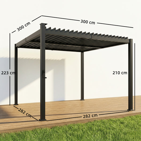 Pergola bioclimatique 3x3m avec lumières LED solaires, pergola à lames orientables, toit métallique, gouttières, manivelle, tonnelle de jardin abri terrasse, protection soleil, noir