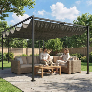 Pergola Jardin Extérieur 3x4m avec Tonnelle à Vigne, Protection UV50+ et Toit Rétractable - Abri de Terrasse en Acier et Panneaux d'Intimité pour Plantes Grimpantes et Terrasse, Gris Foncé