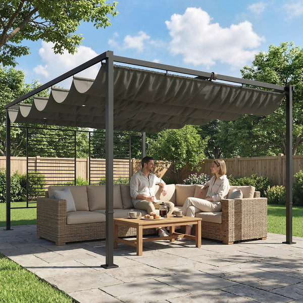 Pergola Jardin Extérieur 3x4m avec Tonnelle à Vigne, Protection UV50+ et Toit Rétractable - Abri de Terrasse en Acier et Panneaux d'Intimité pour Plantes Grimpantes et Terrasse, Gris Foncé